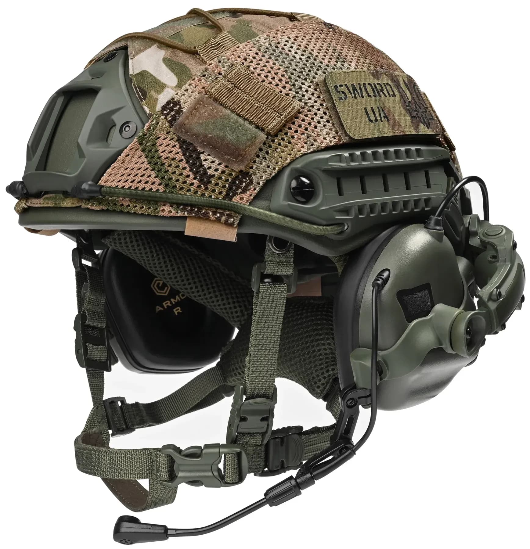 Шолом балістичний каска FAST Helmet NIJ IIIA олива+Тактичні навушники М32+кавер мультикам