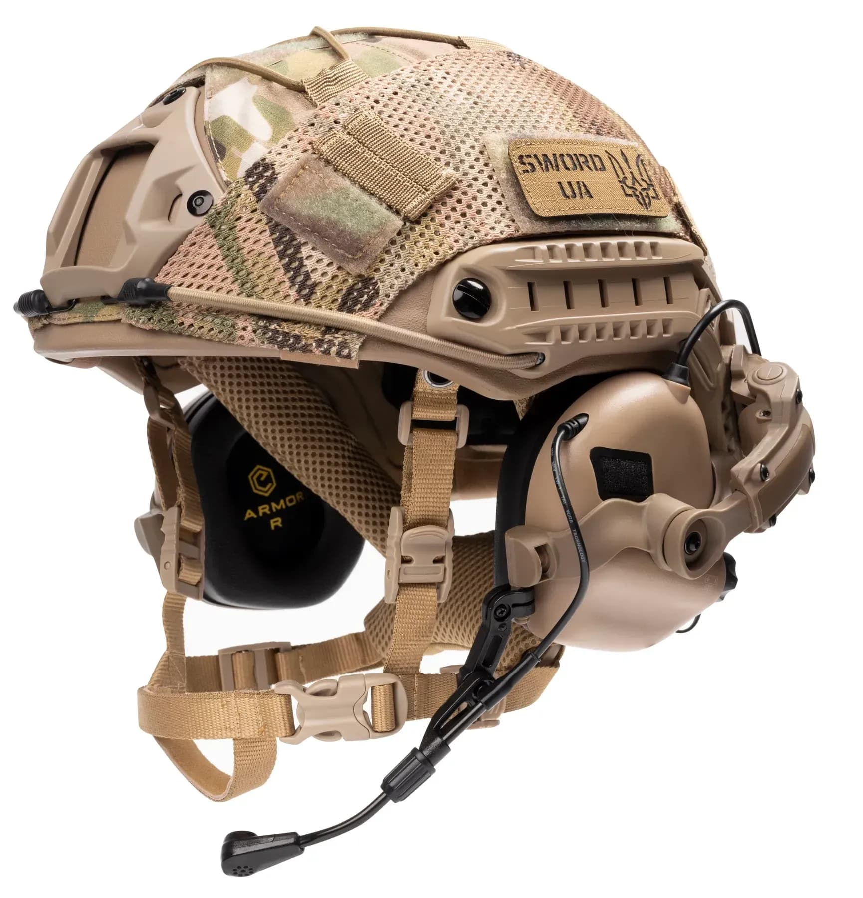 Шолом балістичний каска FAST Helmet NIJ IIIA Койот+Тактичні навушники М32+кавер мультикам